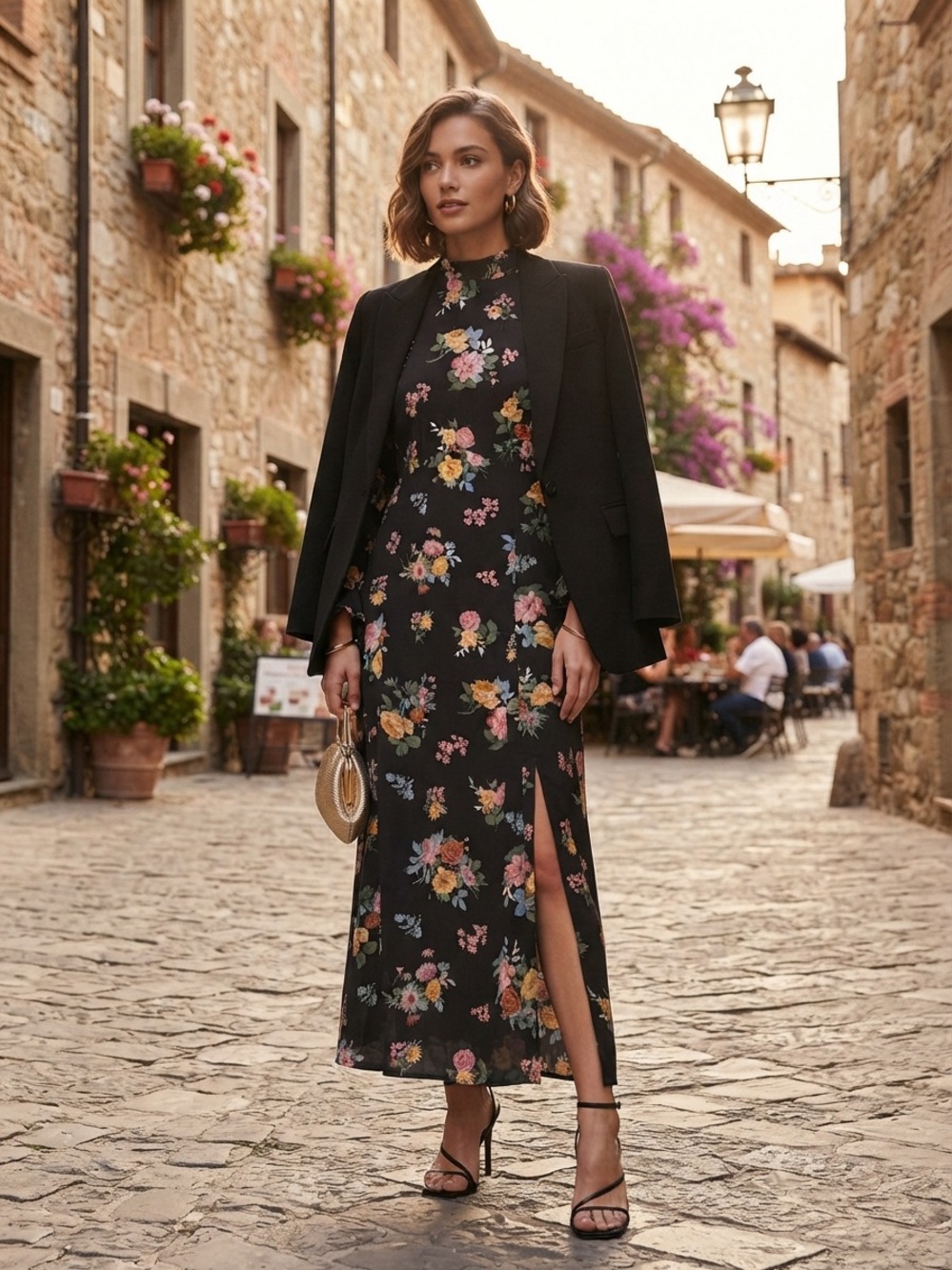 New Look Black Floral High-Neck Maxi Dress with Side Slit
